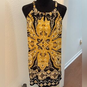 Alfani Petite Black, Gold & White Floral Midi Round Neck Keyhole Dress